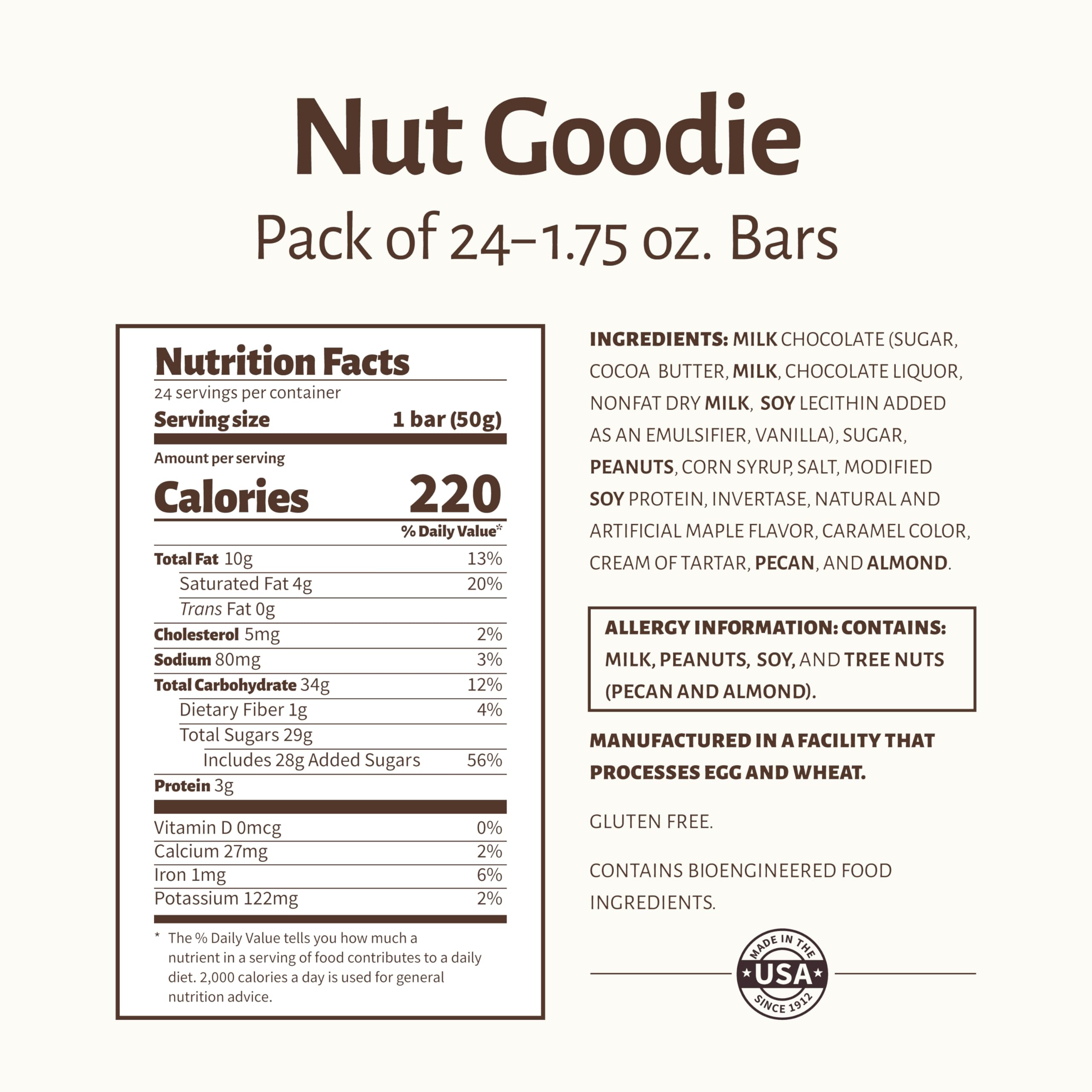 Pearson's Nut Goodie bulk box contains 24 bars, gluten-free and proudly USA-made.