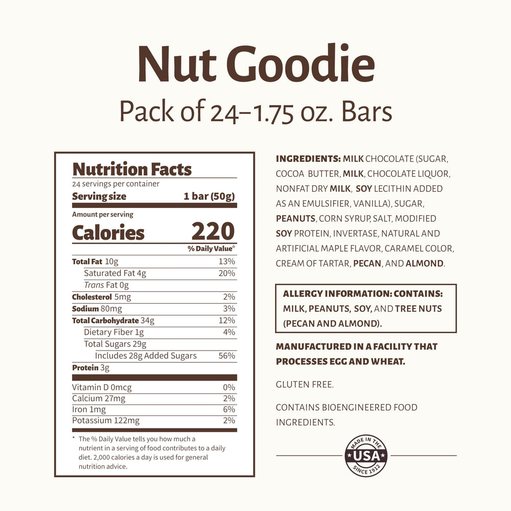 Pearson's Nut Goodie bulk box contains 24 bars, gluten-free and proudly USA-made.