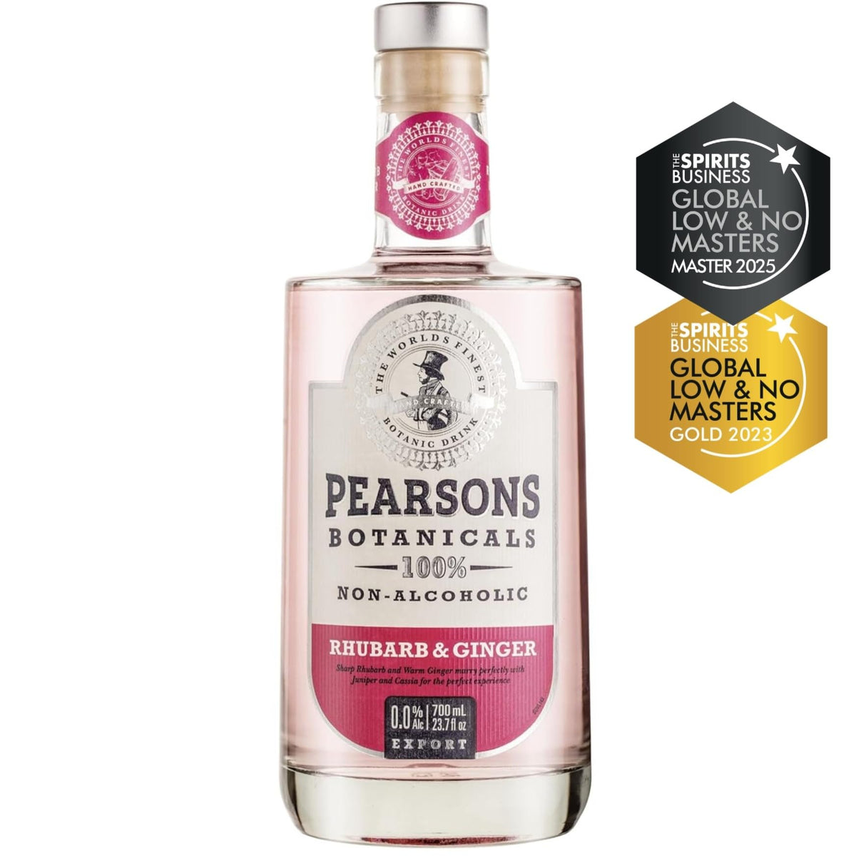 Pearsons Rhubarb & Ginger bottle displays the award-winning non-alcoholic spirit for sophisticated mocktails.