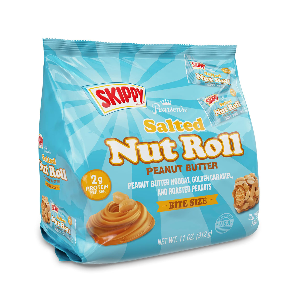 Pearson's SKIPPY Salted Nut Roll bag with bite-size bars for on-the-go snacking
