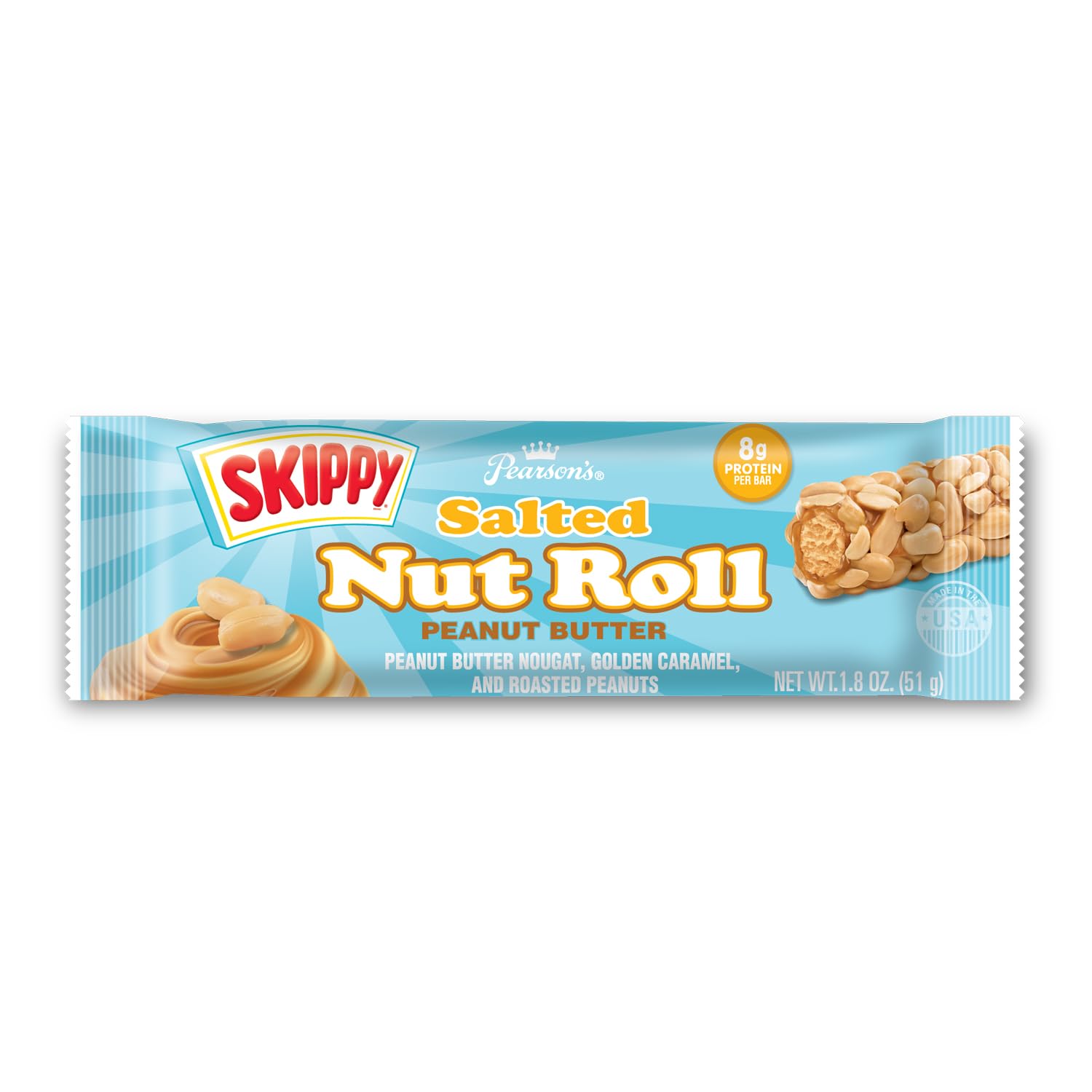 Pearson's SKIPPY Salted Nut Roll close-up highlighting crunchy peanuts for texture