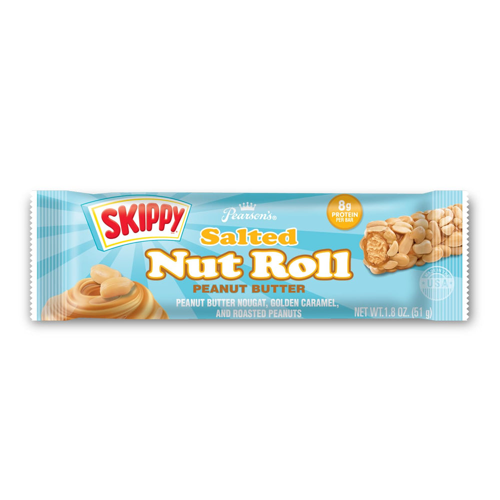 Pearson's SKIPPY Salted Nut Roll close-up highlighting crunchy peanuts for texture