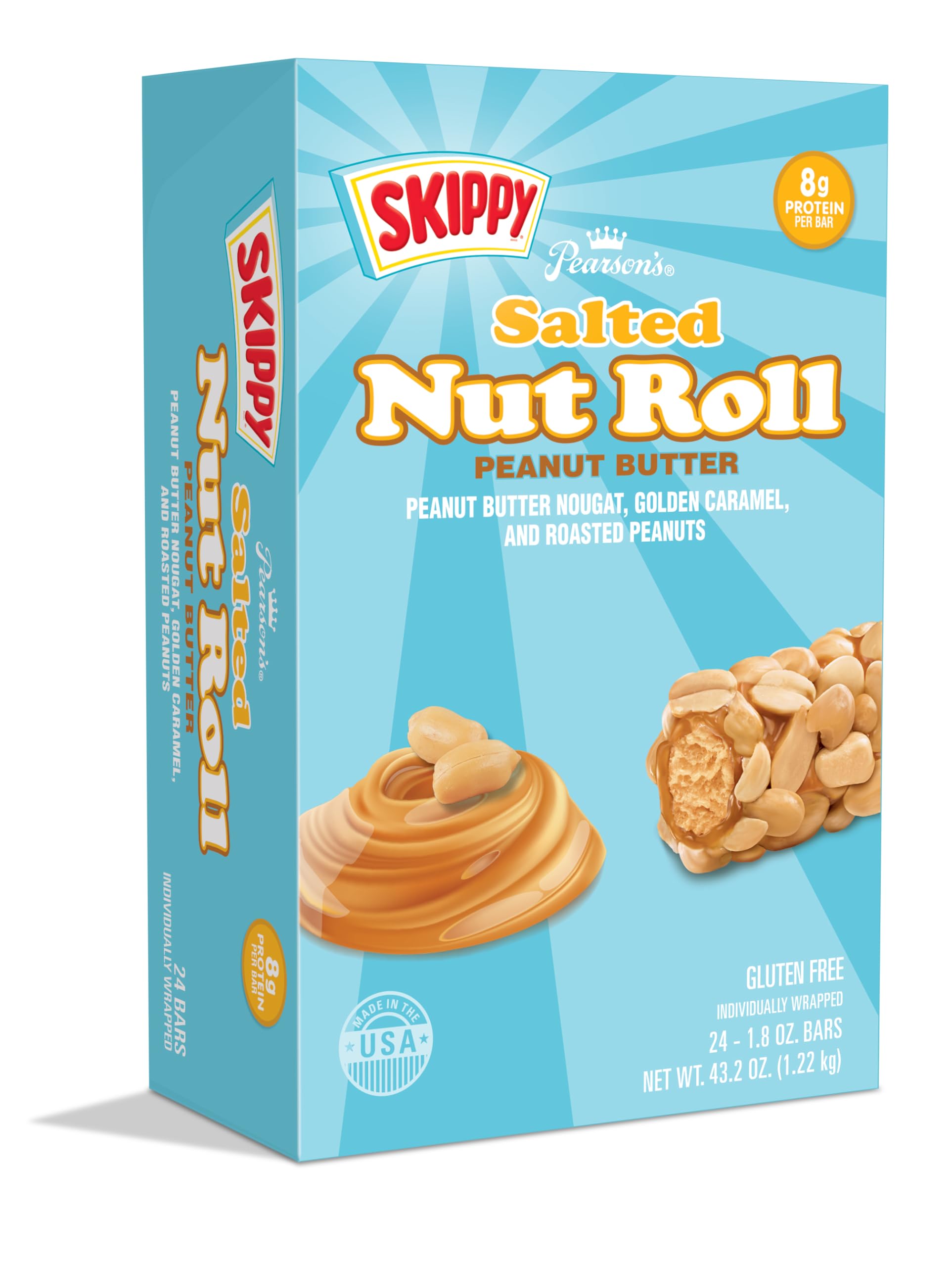 Pearson's SKIPPY Salted Nut Roll packaging front view for grab-and-go snacking