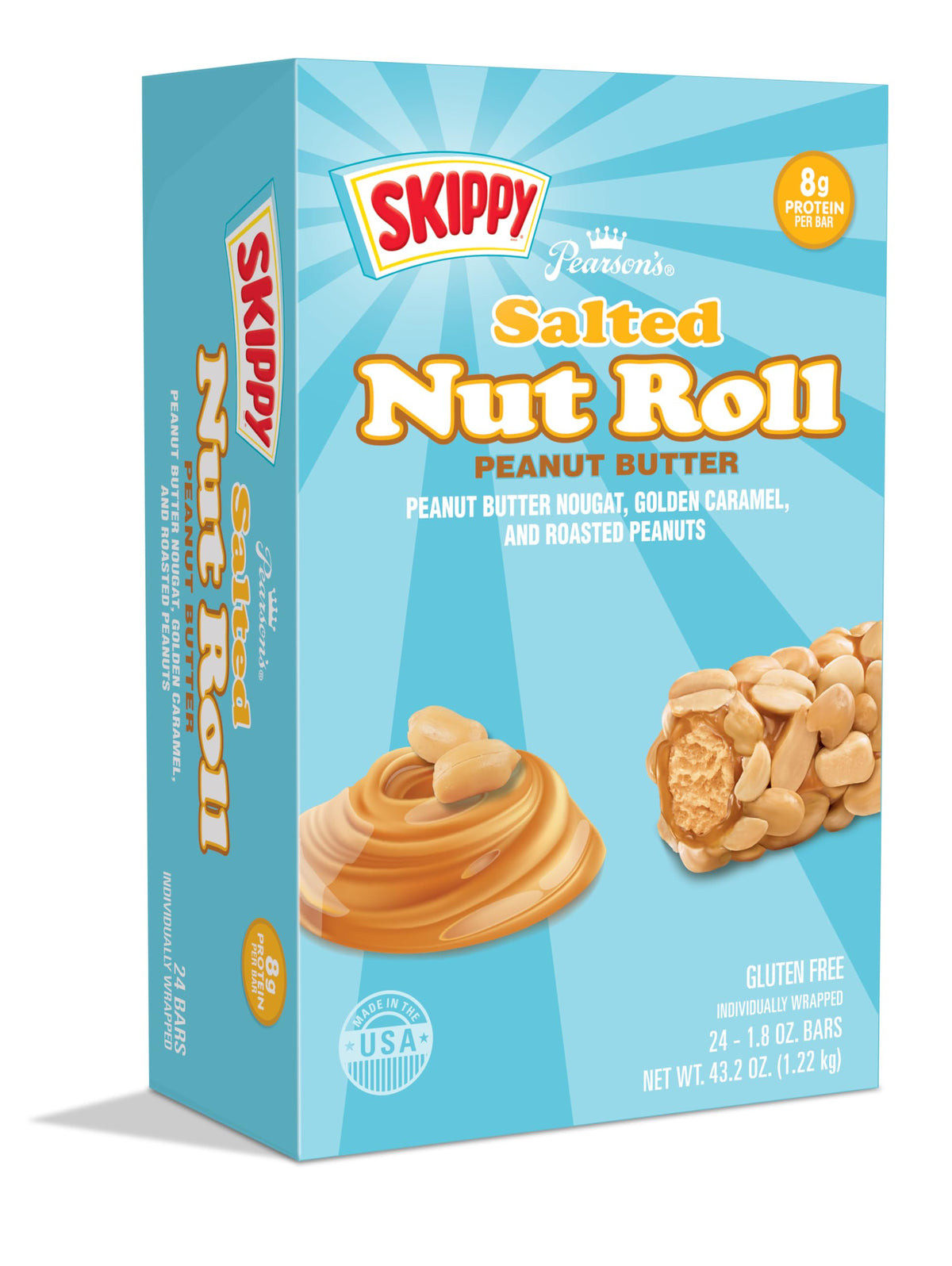 Pearson's SKIPPY Salted Nut Roll packaging front view for grab-and-go snacking