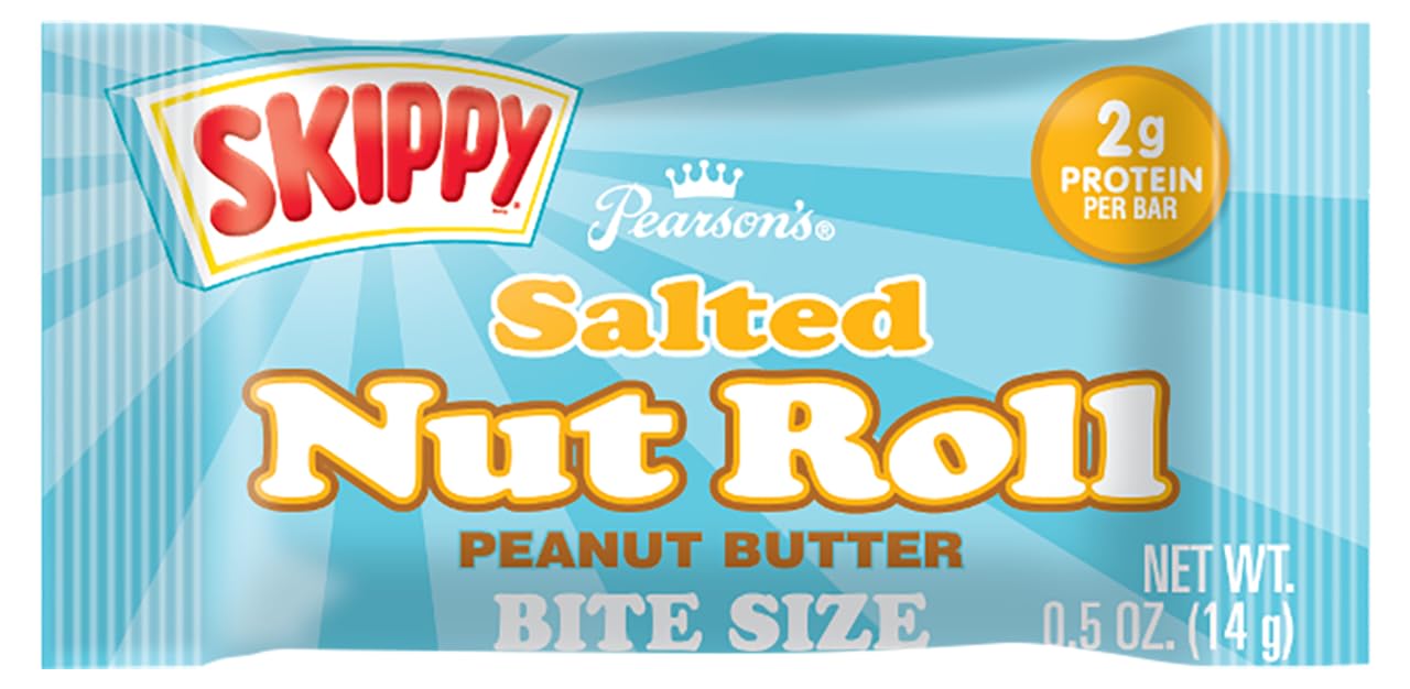 Pearson's SKIPPY bars showing crunchy roasted peanuts and caramel center