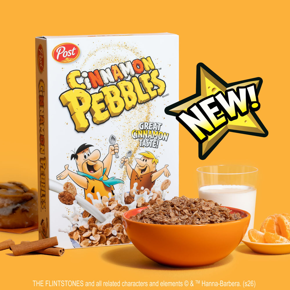 Pebbles Cinnamon family-size pack on the kitchen counter.