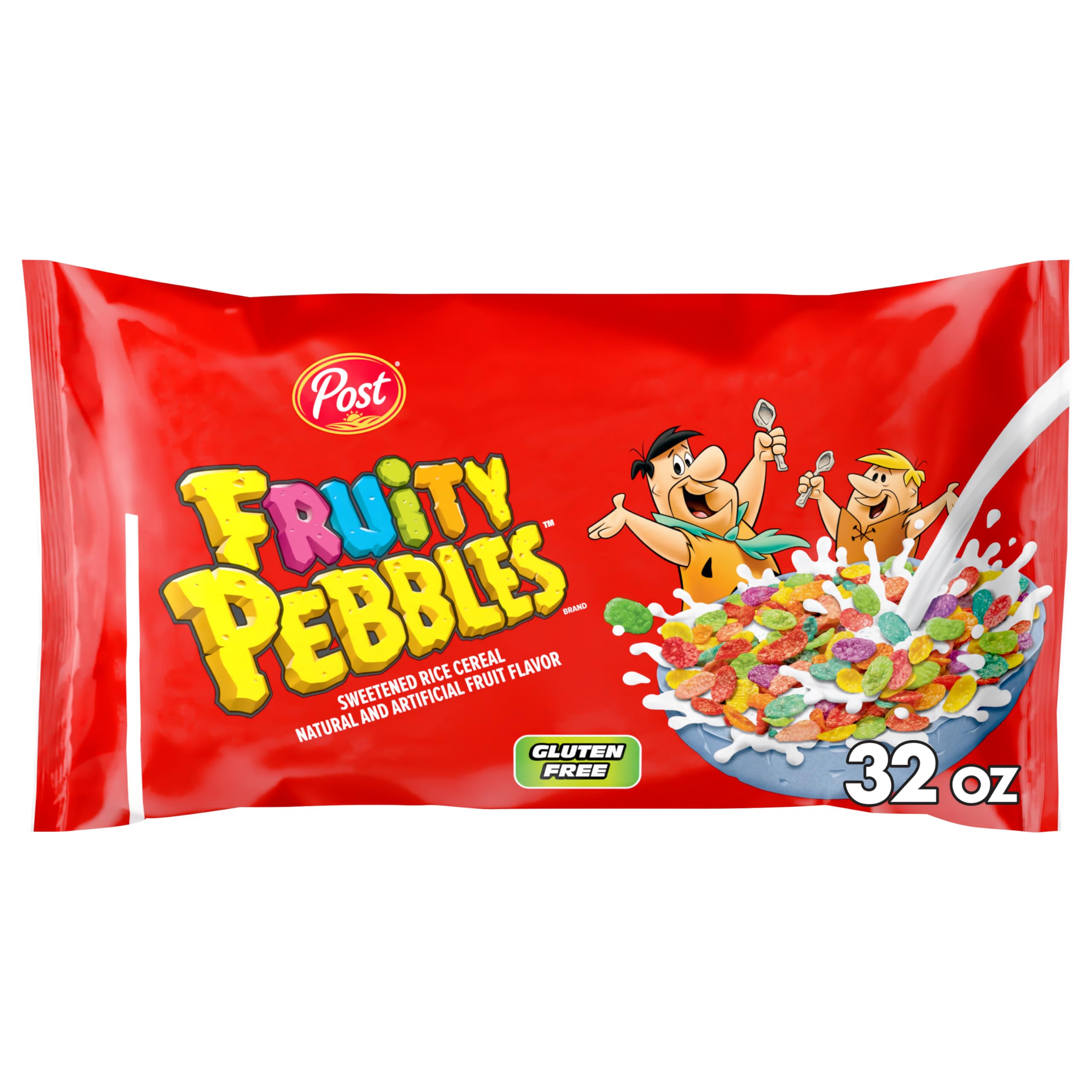 Pebbles Fruity PEBBLES cereal bag front, gluten-free breakfast option for family mornings.
