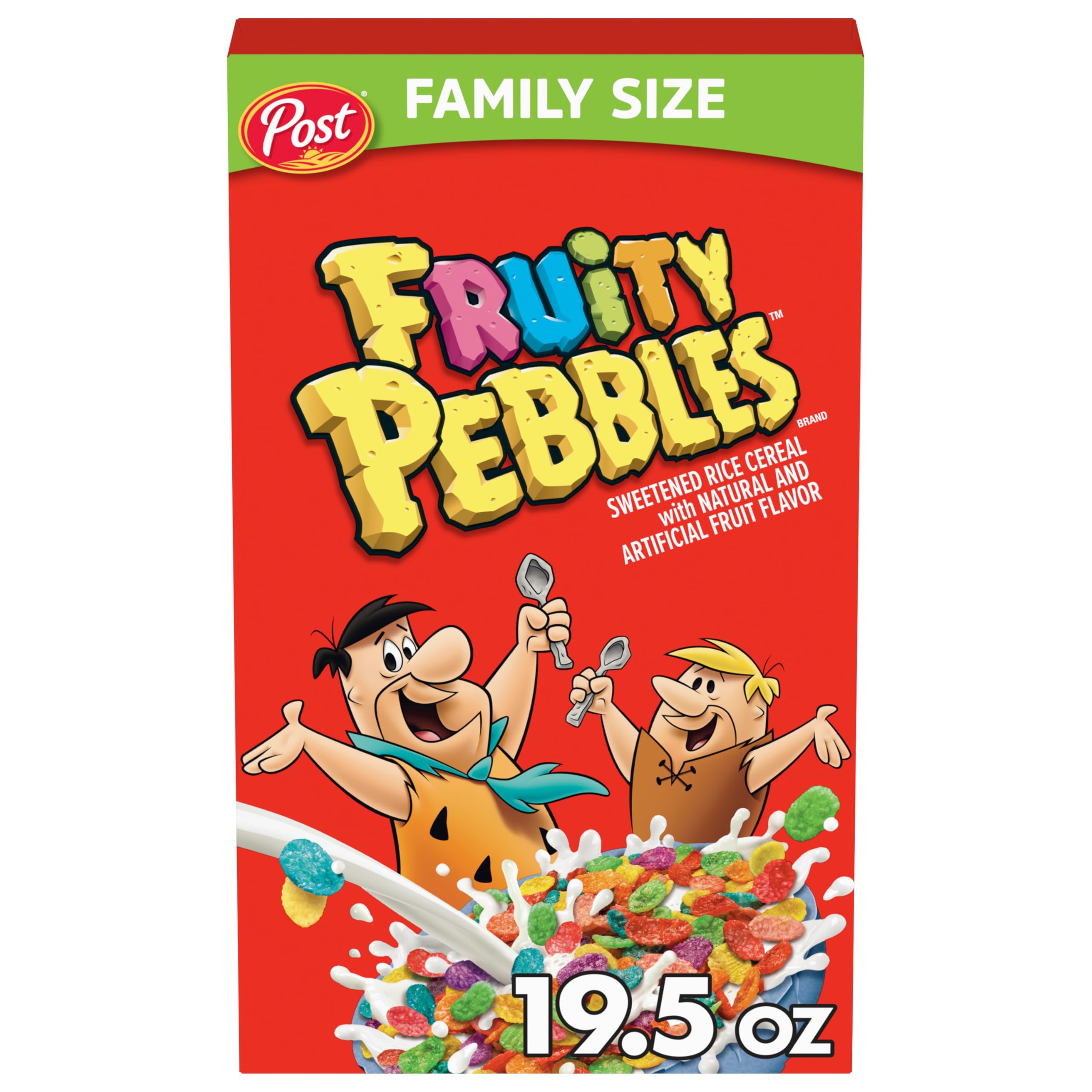Pebbles Fruity PEBBLES cereal in a bowl with milk for a colorful breakfast.