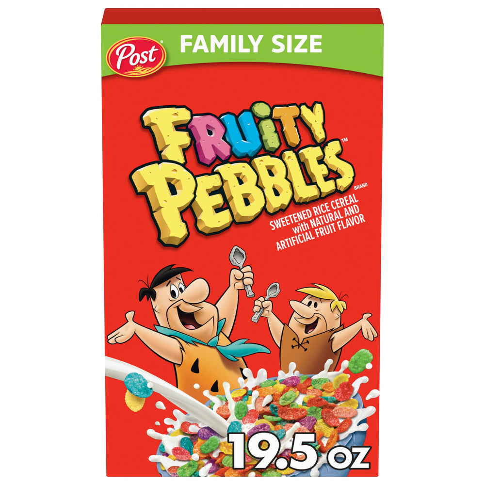 Pebbles Fruity PEBBLES cereal in a bowl with milk for a colorful breakfast.