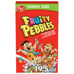 Pebbles Fruity PEBBLES cereal in a bowl with milk for a colorful breakfast.