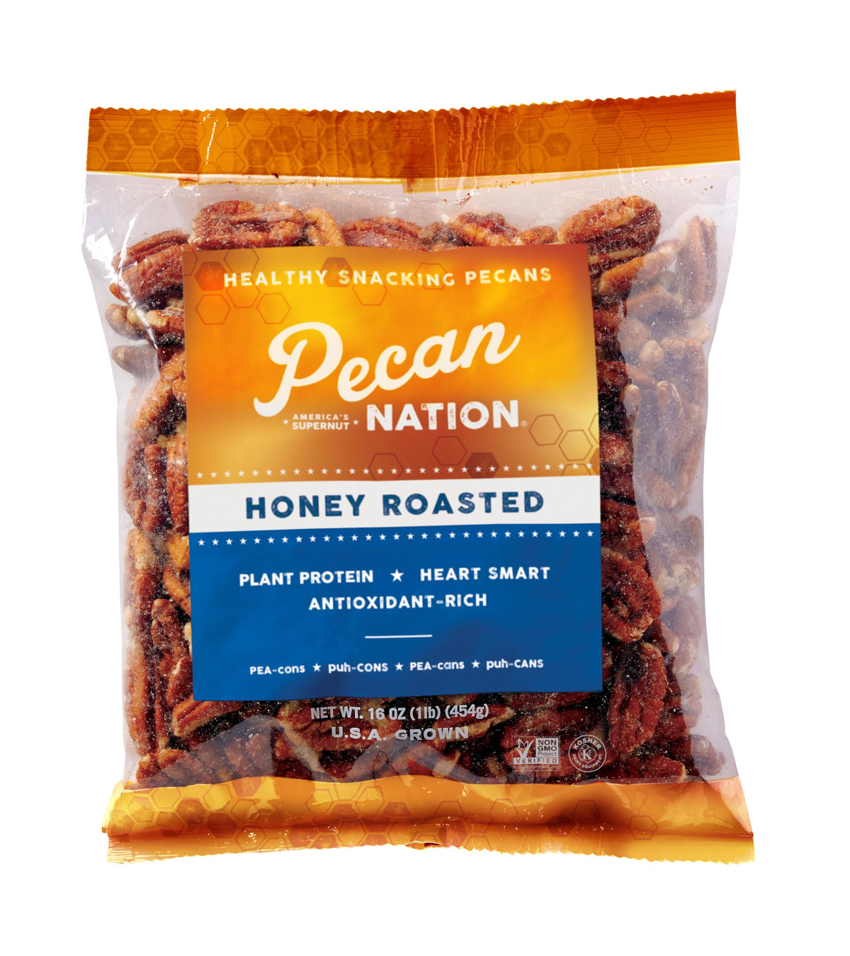 Pecan Nation Honey Roasted Pecans bag: convenient snack with honey glaze and savory crunch