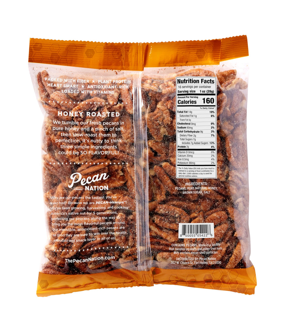 Pecan Nation Honey Roasted Pecans closeup glaze: glossy nuts with sweet-savory notes for nibbling