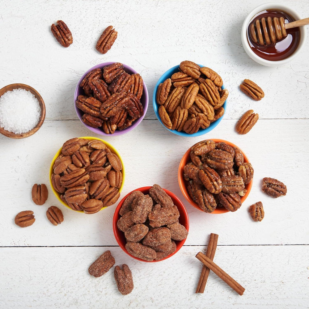 Pecan Nation maple pecans as a dessert topping for depth.