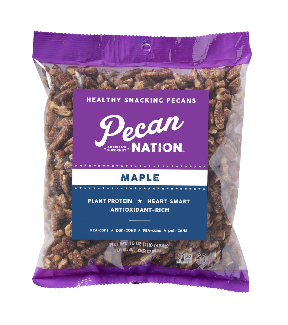 Pecan Nation maple roasted Georgia pecan halves for a crunchy snack.