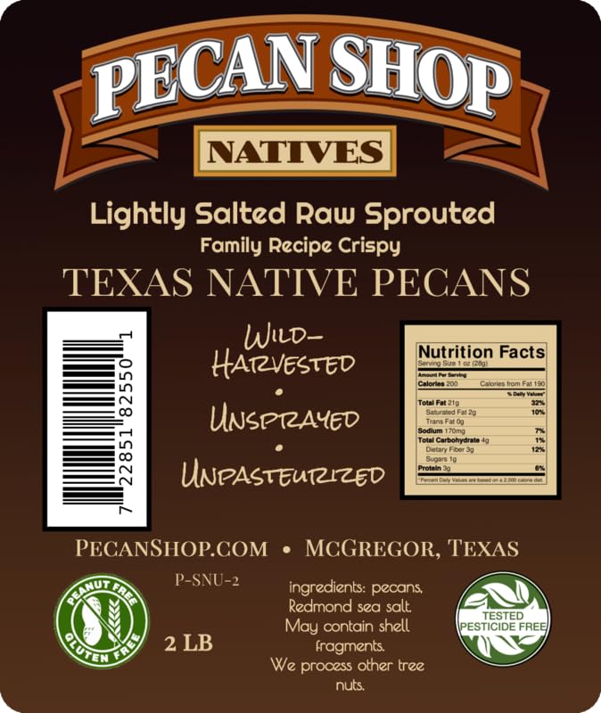 Pecan Shop raw sprouted Texas native pecans close-up, highlighting natural crunch and flavor.