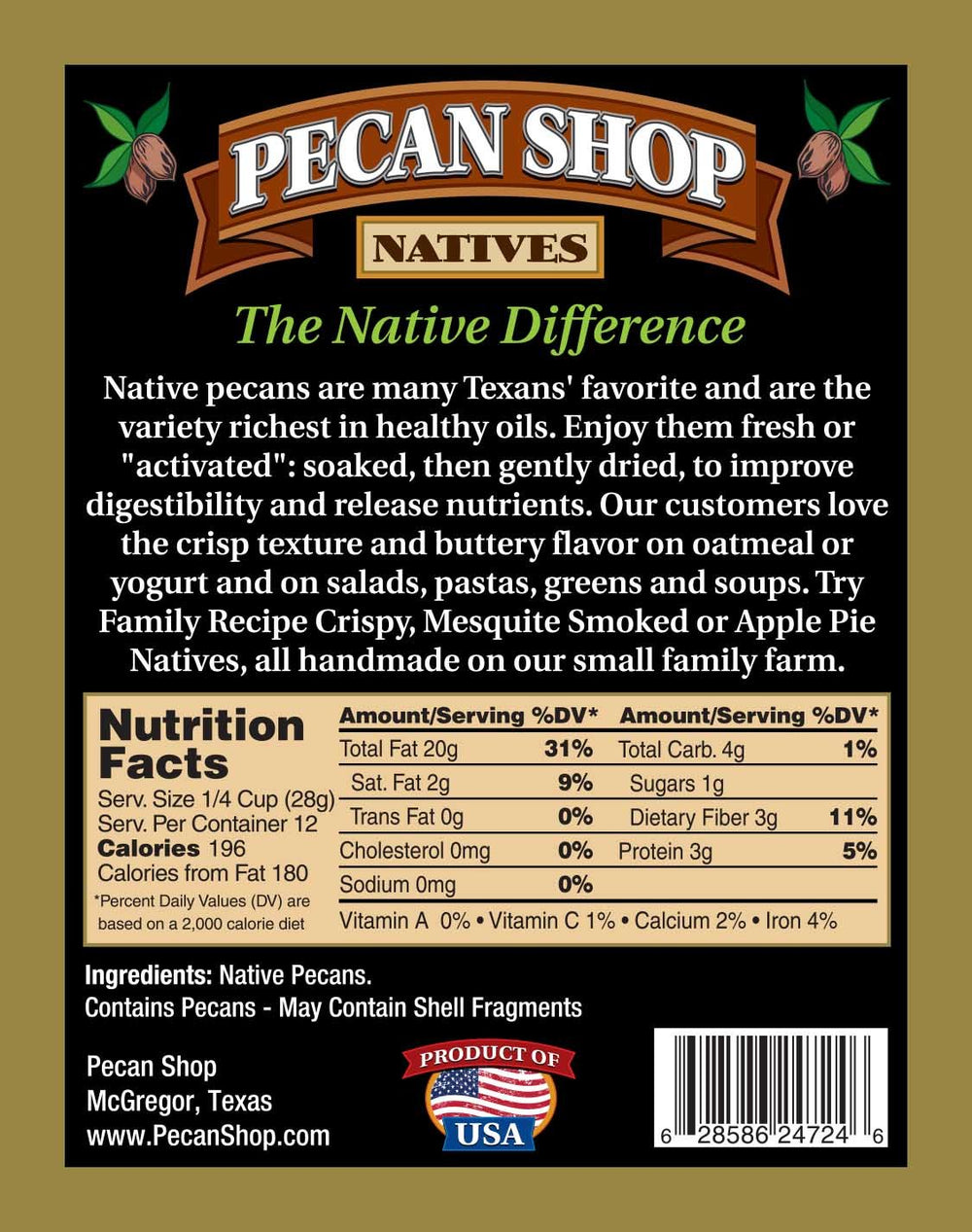 Pecan Shop raw Texas native pecans, shelled, showcase natural flavor