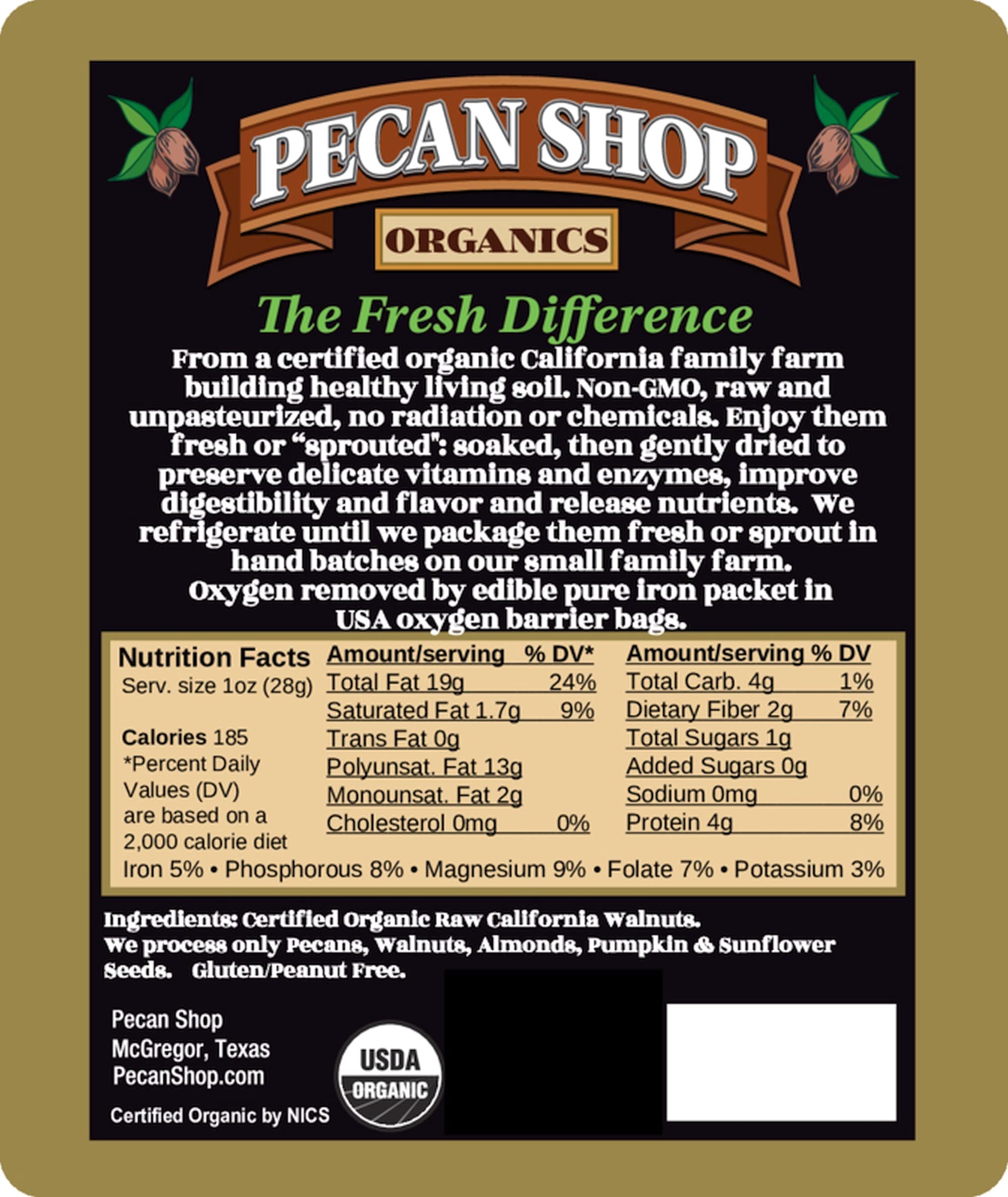 Pecan Shop Sprouted California Walnuts close-up—creamy centers and crunchy texture