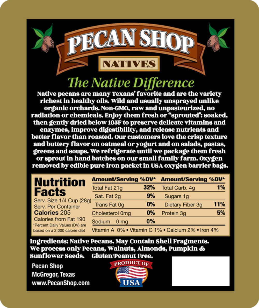 Pecan Shop wild-harvested pecans in bag, perfect for keto-friendly recipes.