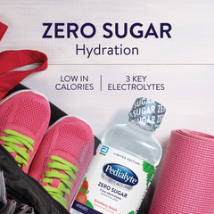 Multiple-pack display of Pedialyte Zero Sugar bottles emphasizing gluten-free and non-GMO attributes.