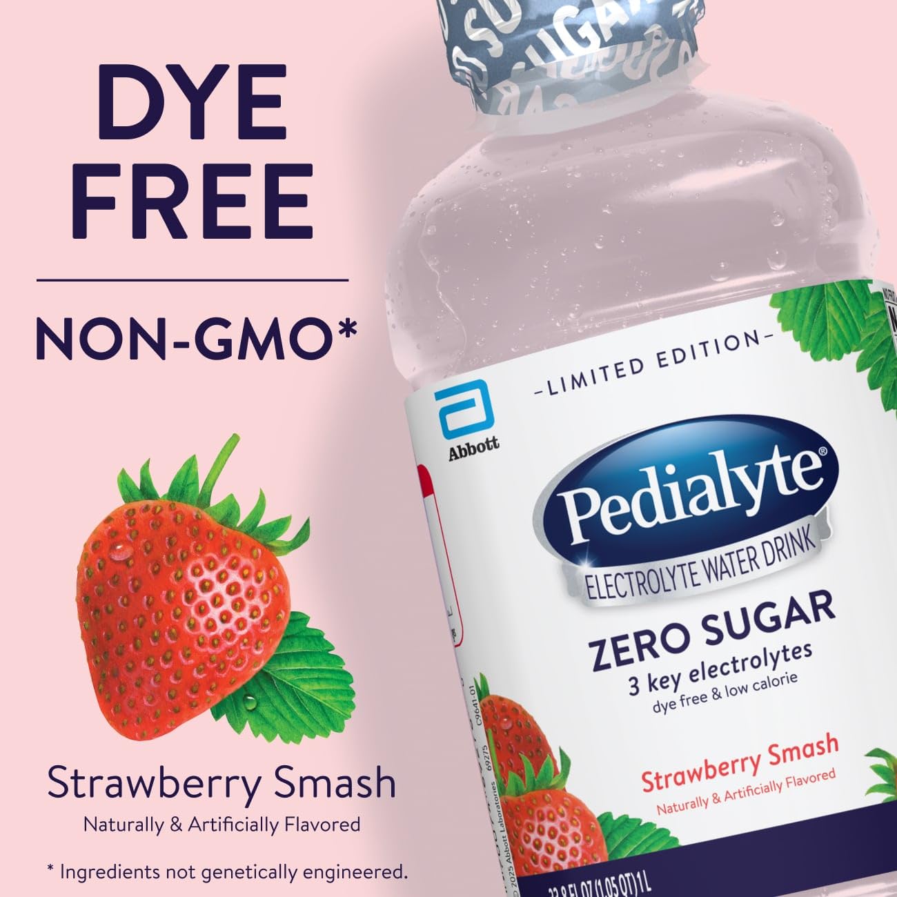 Bottle with clear color and label showing five flavor options including Strawberry Smash.