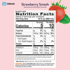Close-up of Pedialyte Strawberry Smash label highlighting low calories per serving.