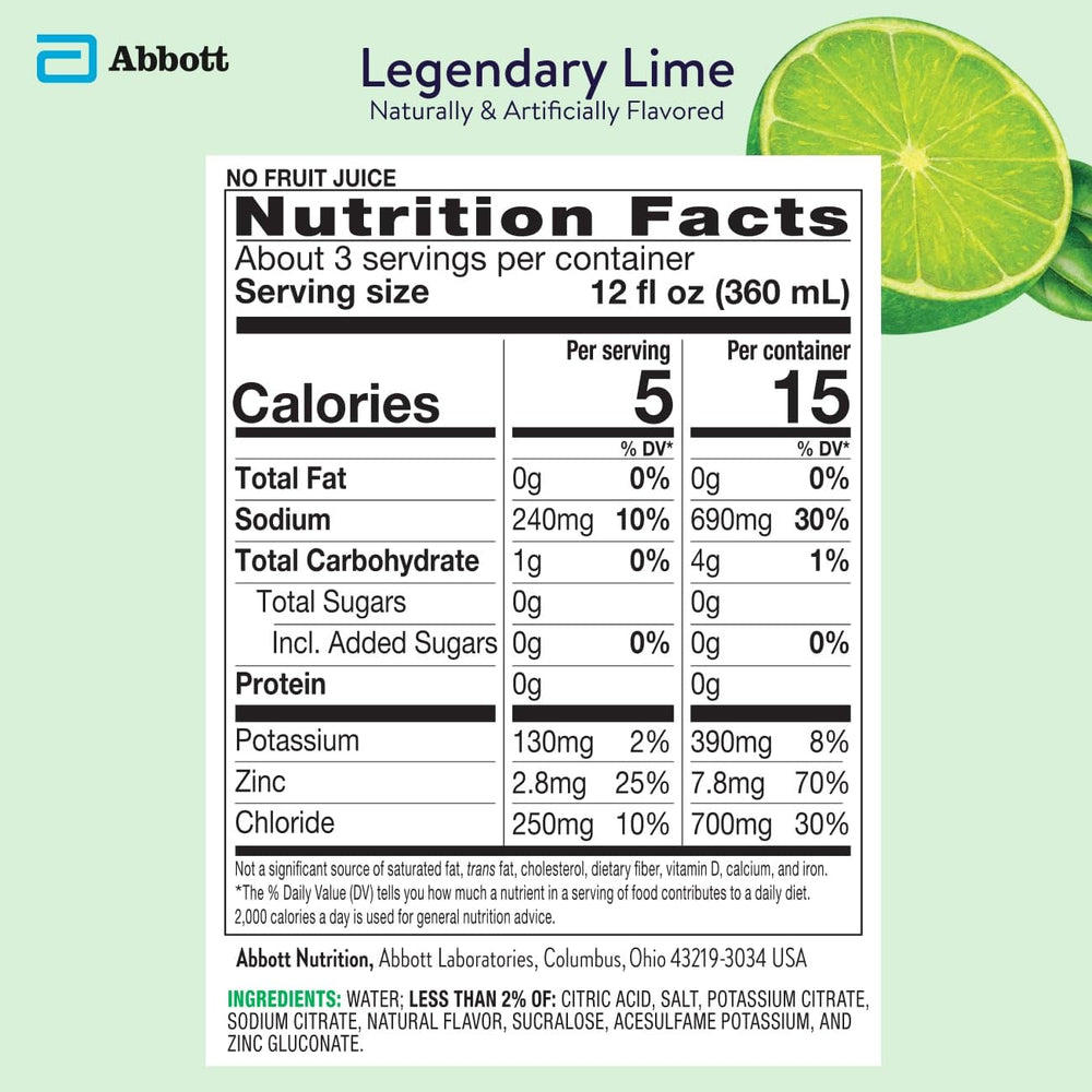Pedialyte Legendary Lime label close-up highlighting zero sugar and electrolytes.