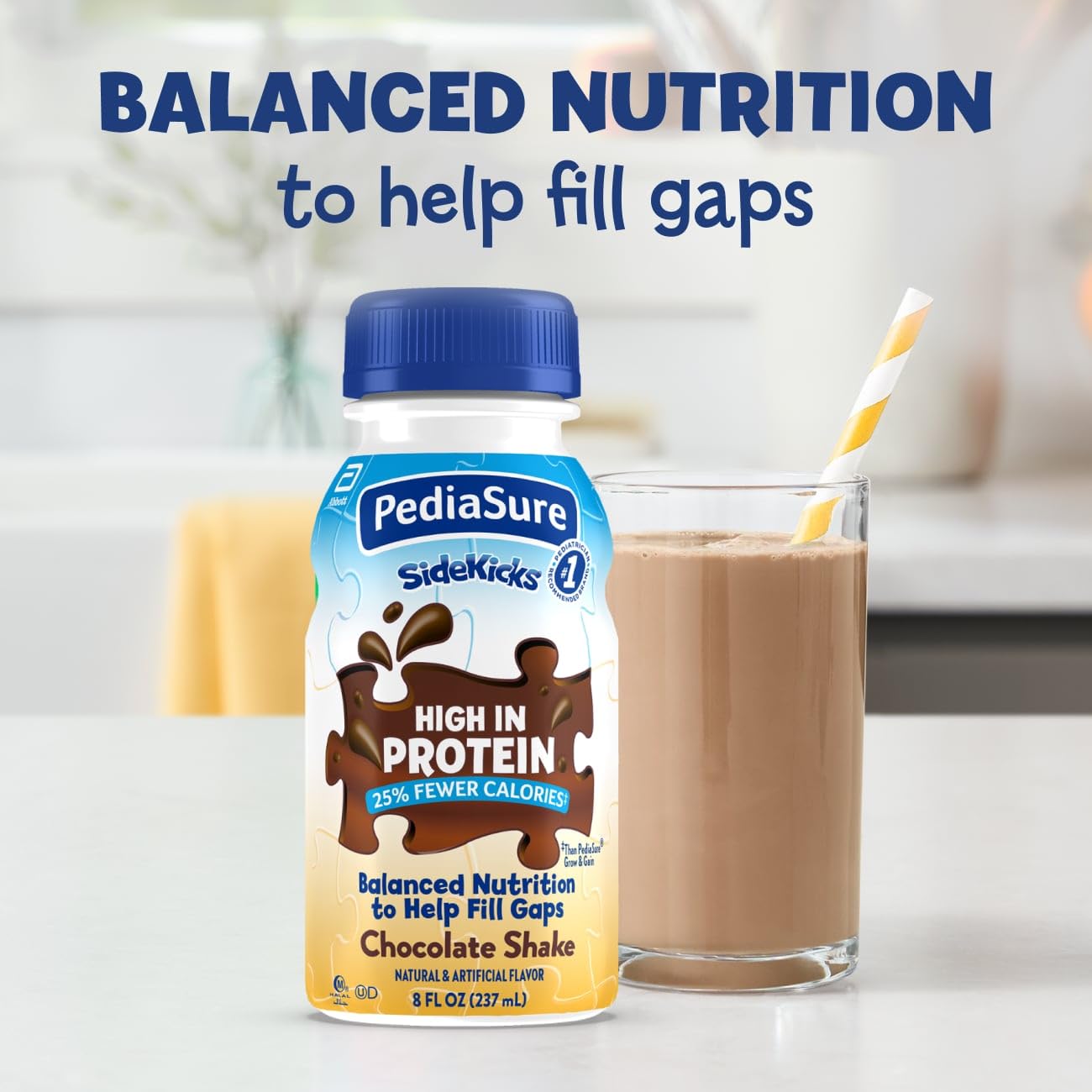 Child drinks PediaSure SideKicks chocolate shake for balanced daily nutrition.