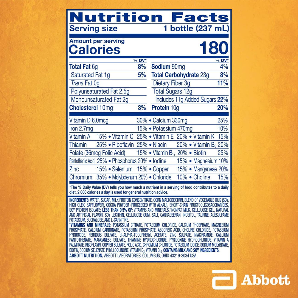 PediaSure SideKicks chocolate nutrition panel highlights 10g protein and essential vitamins.