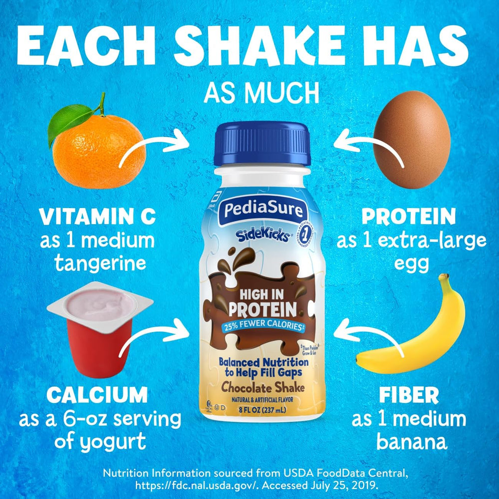 Pour shot of PediaSure SideKicks chocolate shake for quick servings.