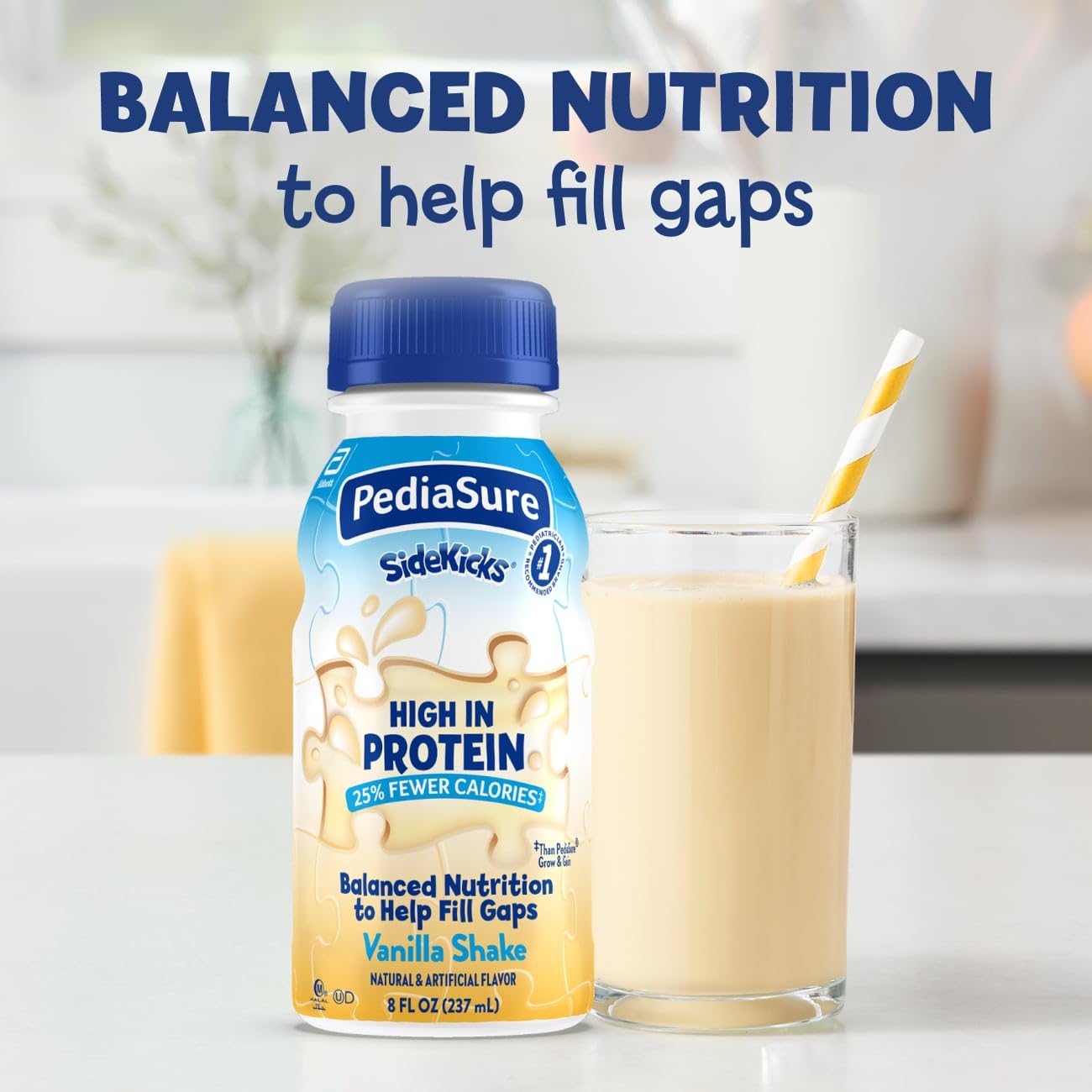PediaSure SideKicks nutrition panel displays 27 vitamins and minerals for balanced kids' nutrition.