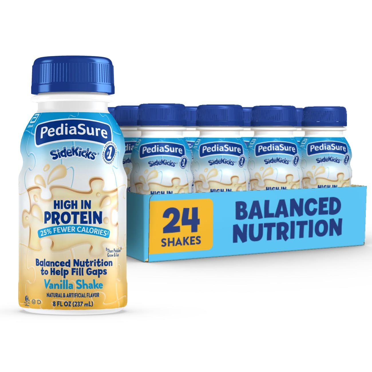 PediaSure SideKicks vanilla bottle shows 10g protein per shake for growing kids.