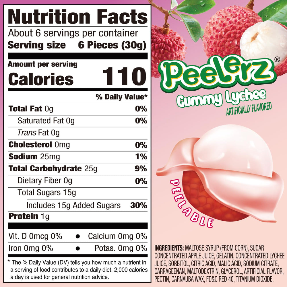 Peelerz AMOS Lychee gummies in resealable pouch for on-the-go snacking.