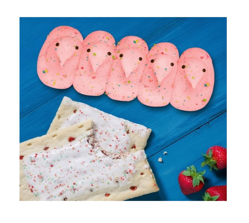 Peeps Chicks Frosted Strawberry flavor bite bursting with berry cream sweetness.