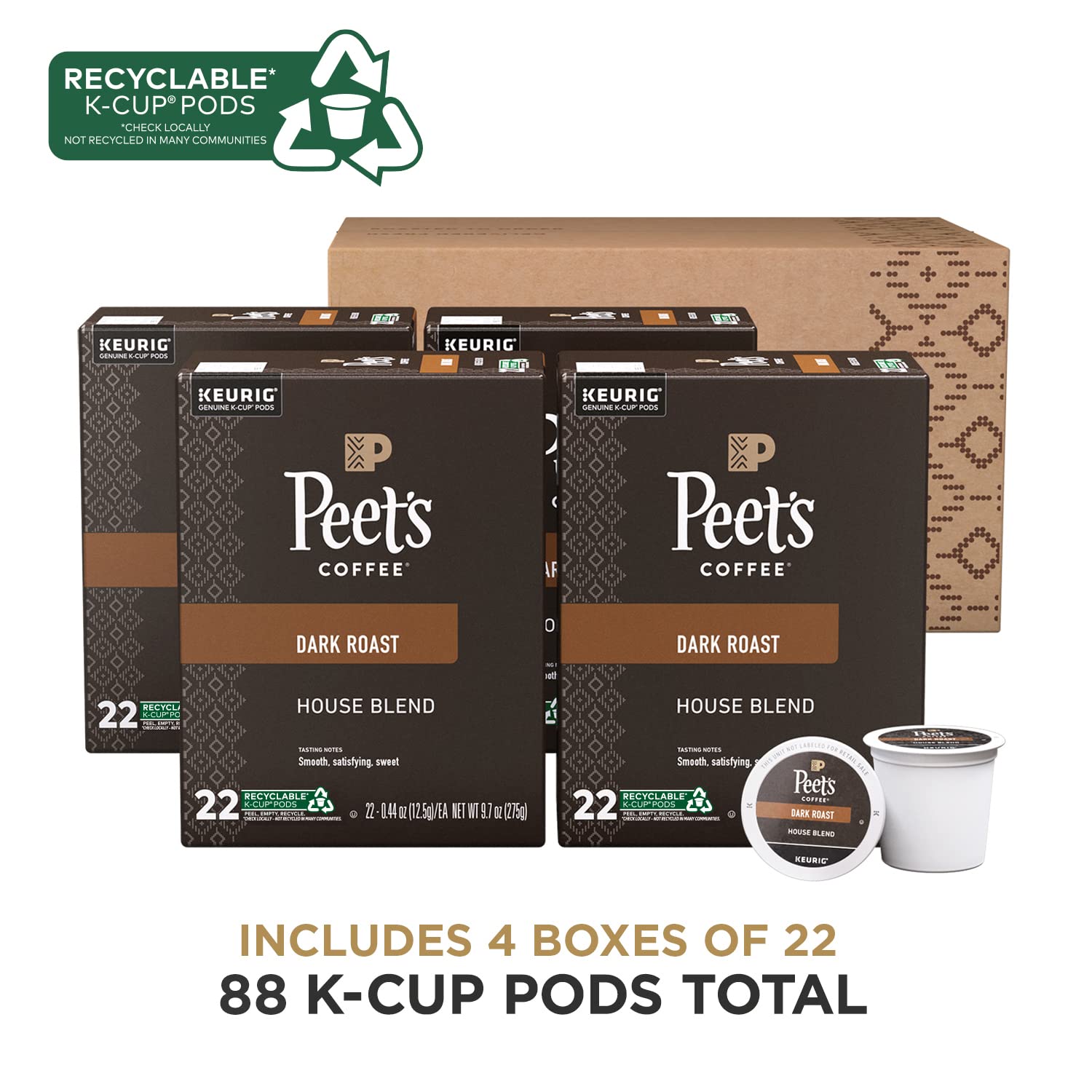 Peet's 100% Arabica pods delivering a smooth, balanced dark roast.