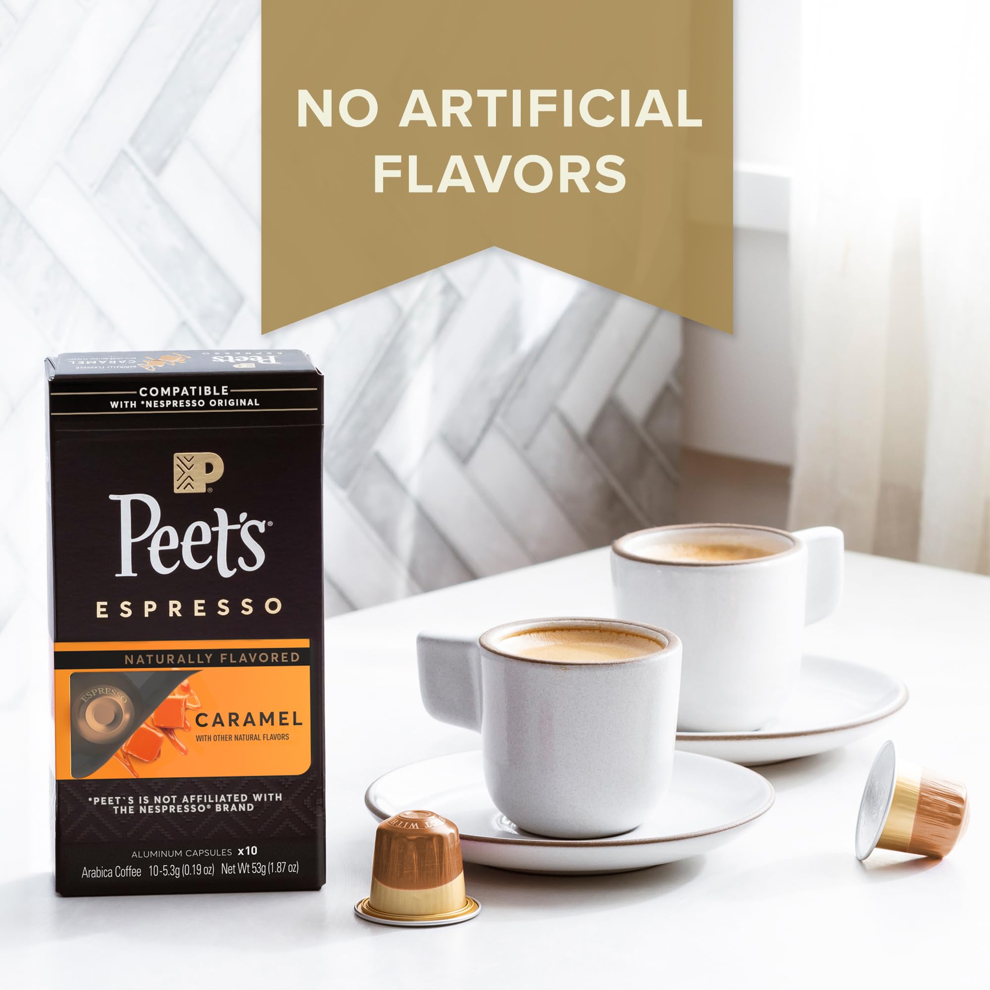 Peet's Caramel Espresso Capsule recycling label highlights sustainability.