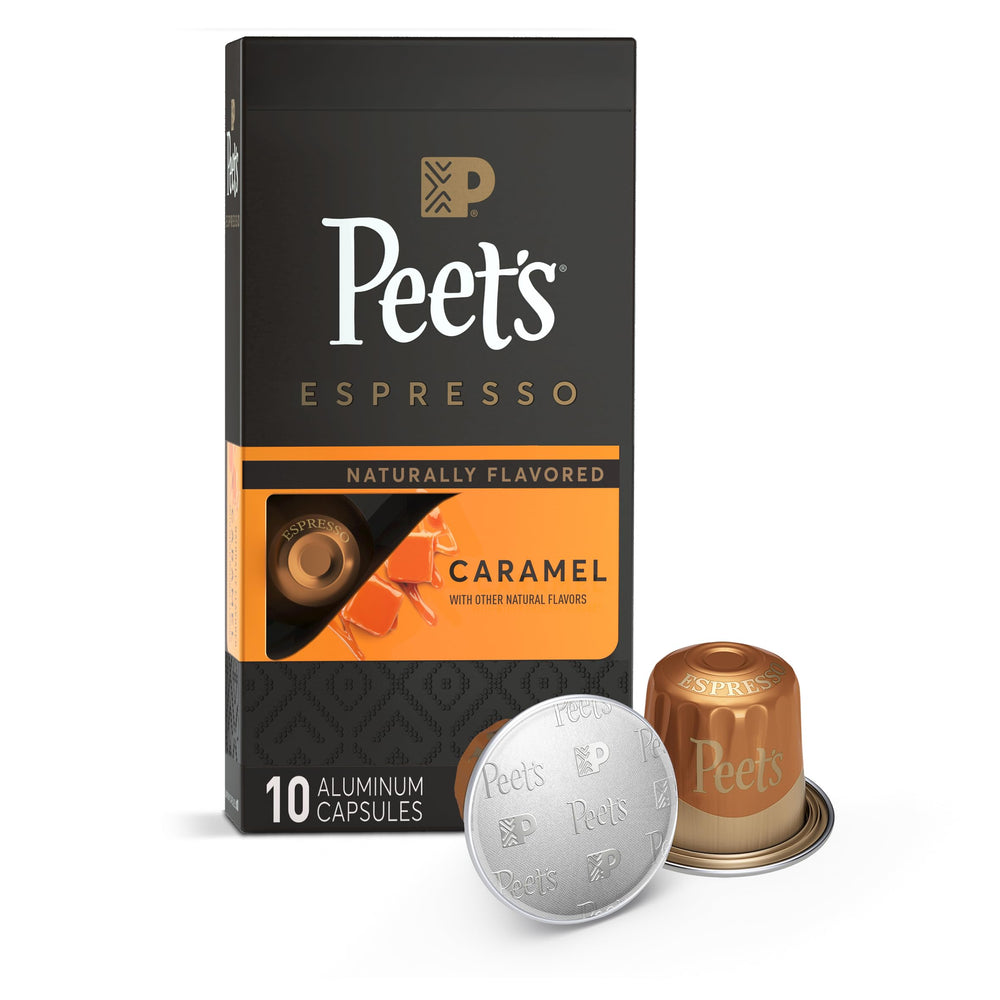 Peet's Caramel Espresso Capsules box front view for quick caffeine boost.