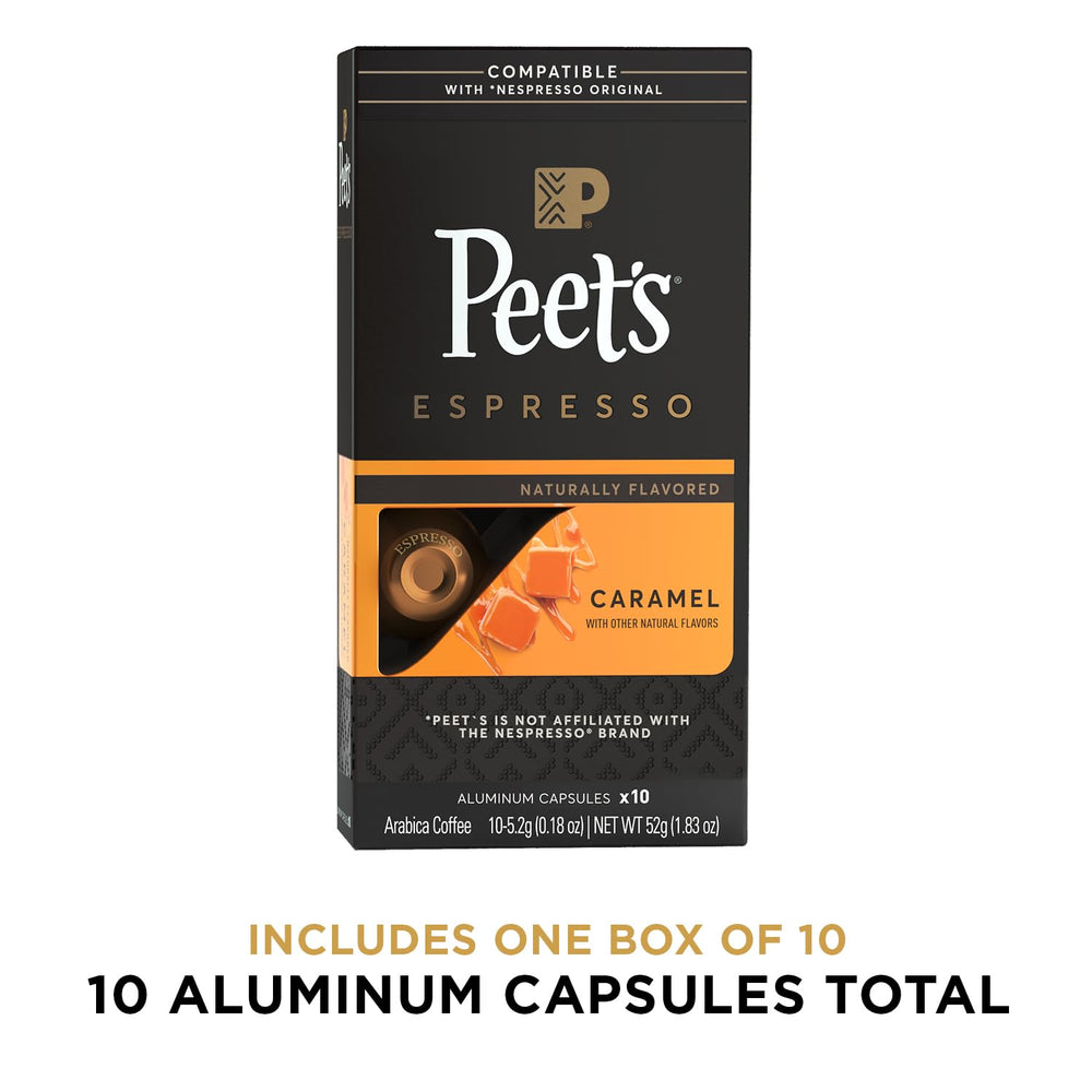Peet's Caramel Espresso Capsules close-up highlighting rich aroma.
