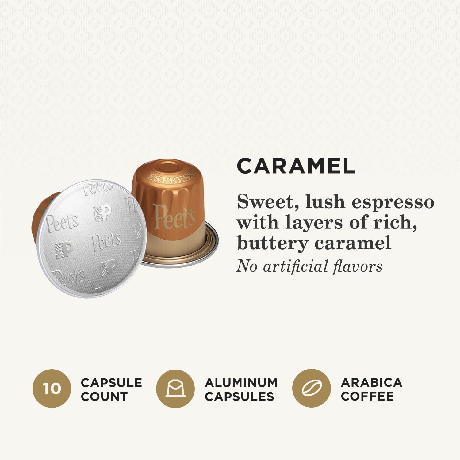 Peet's Caramel Espresso Capsules on counter showing convenient 10-count packaging.