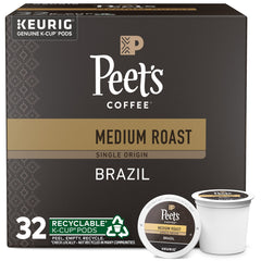 Peet's Coffee Brazil single-origin K-Cup box containing 32 pods for Keurig brewers.