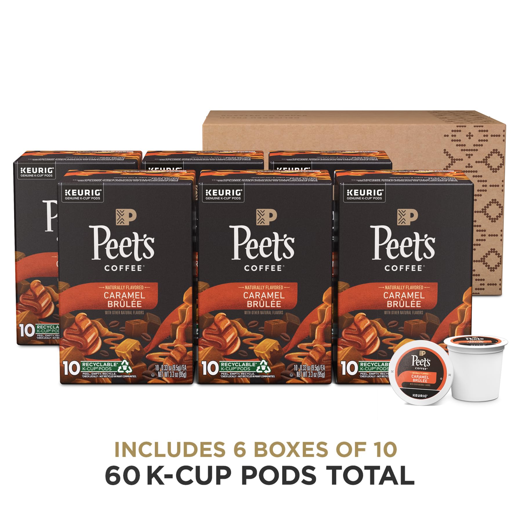 Peet's Caramel Brûlée packaging front highlights natural flavors and a light roast.