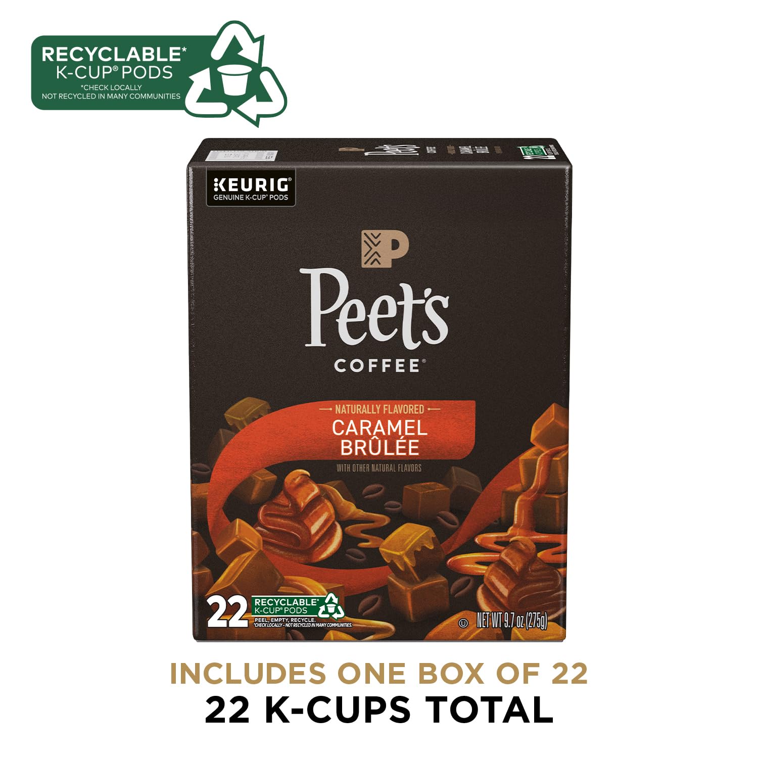 Close-up packaging showing 22-count Peet's Caramel Brûlée pods.
