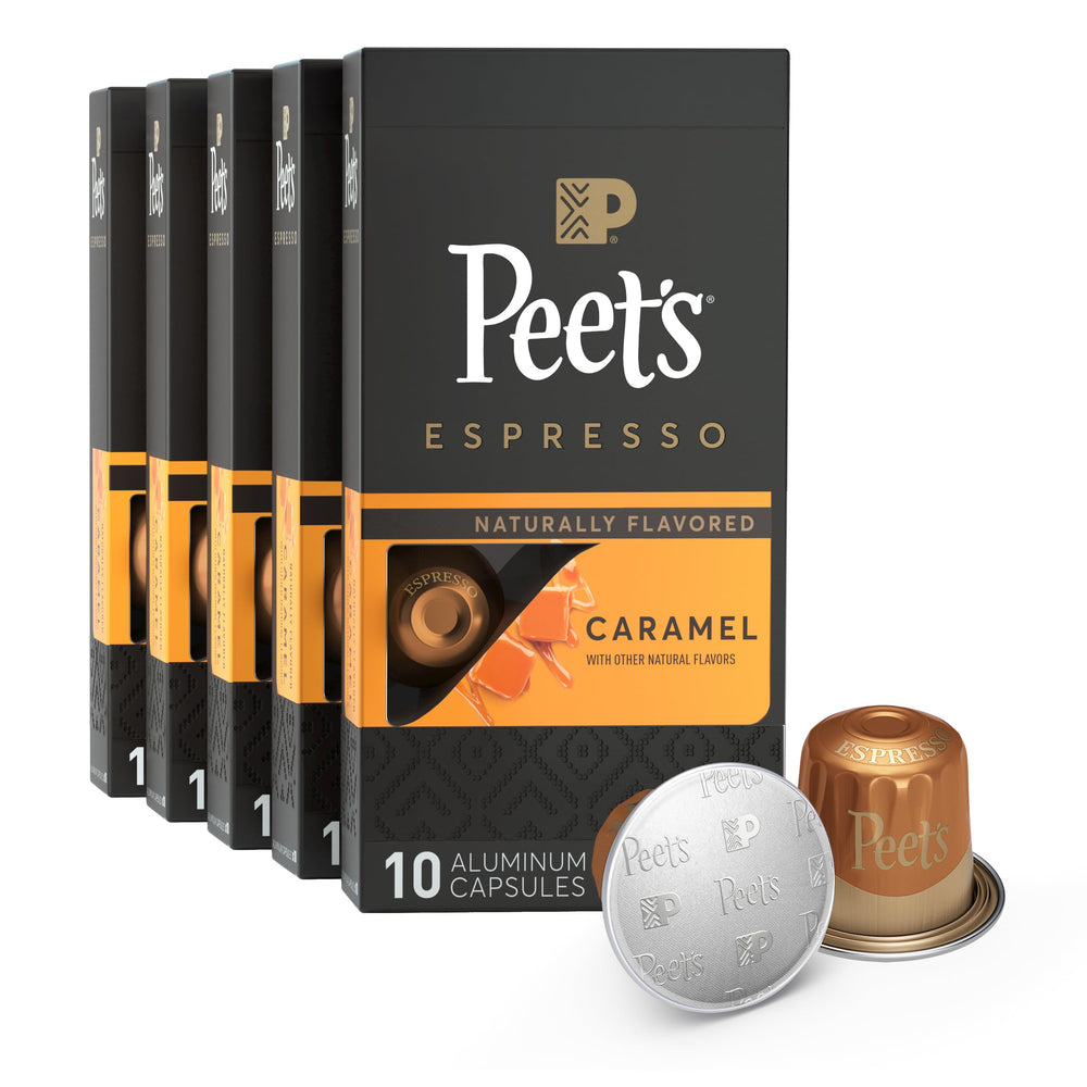 Peet's Coffee Caramel Espresso capsules box front, ready for home brew.