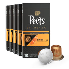 Peet's Coffee Caramel Espresso capsules box front, ready for home brew.