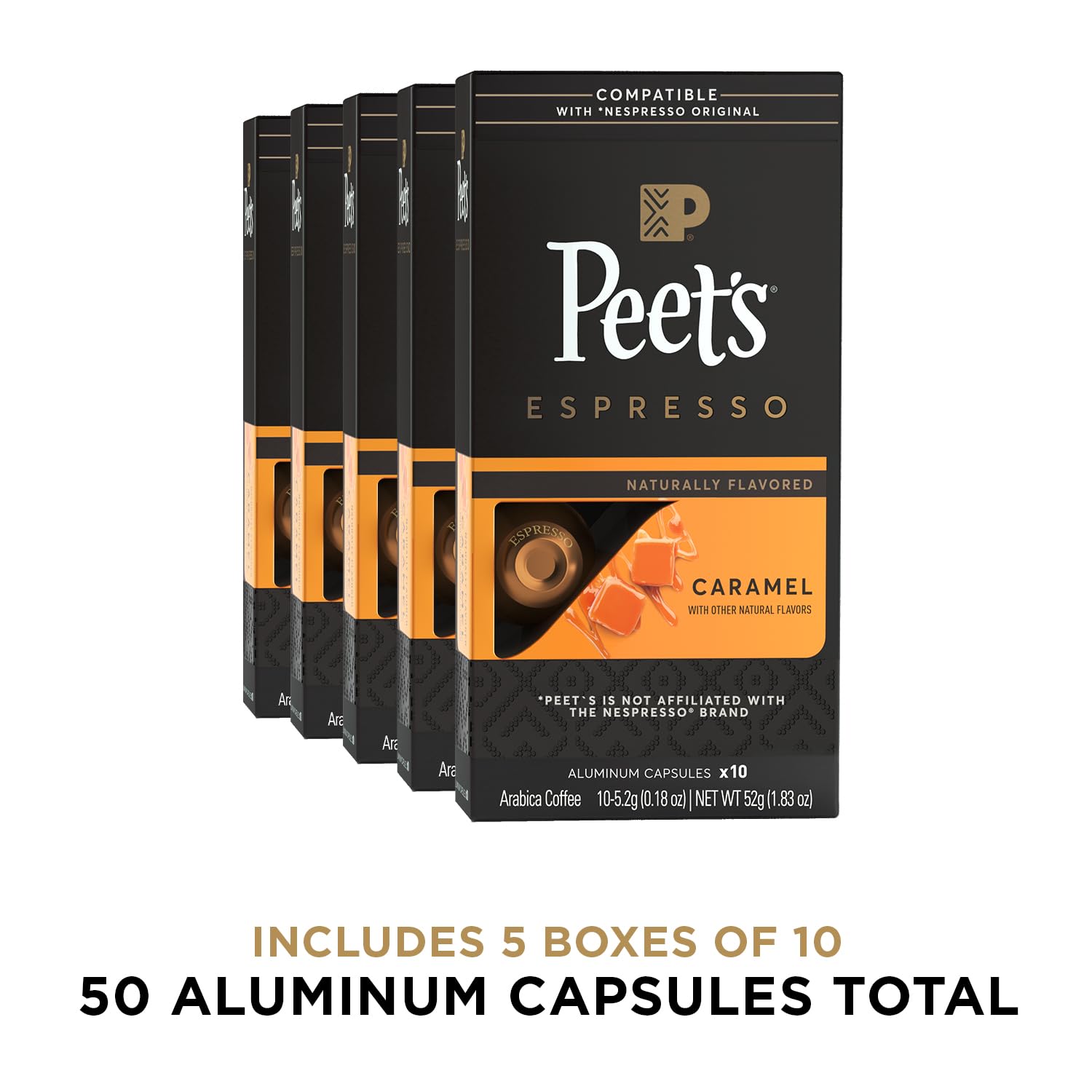 Peet's Caramel Espresso capsules pack collection for busy mornings.