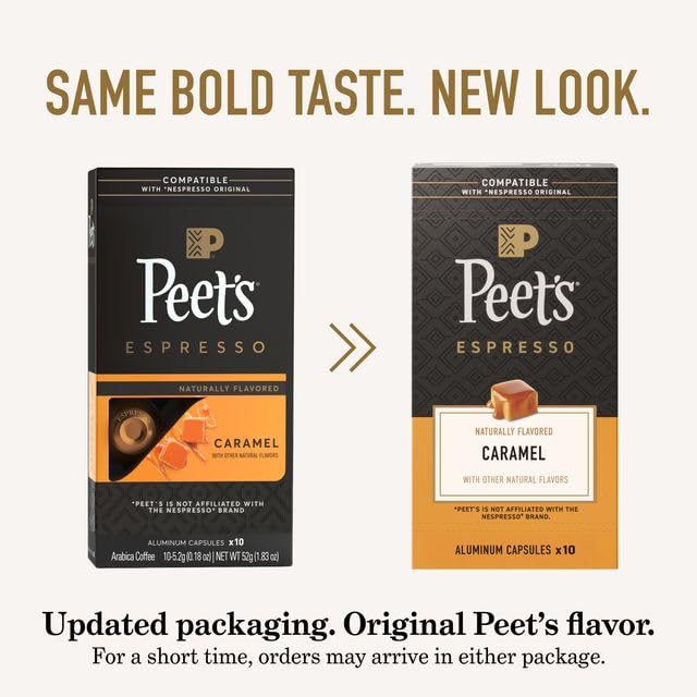 Peet's Caramel Espresso capsules sleeve closeup, aroma preserved.