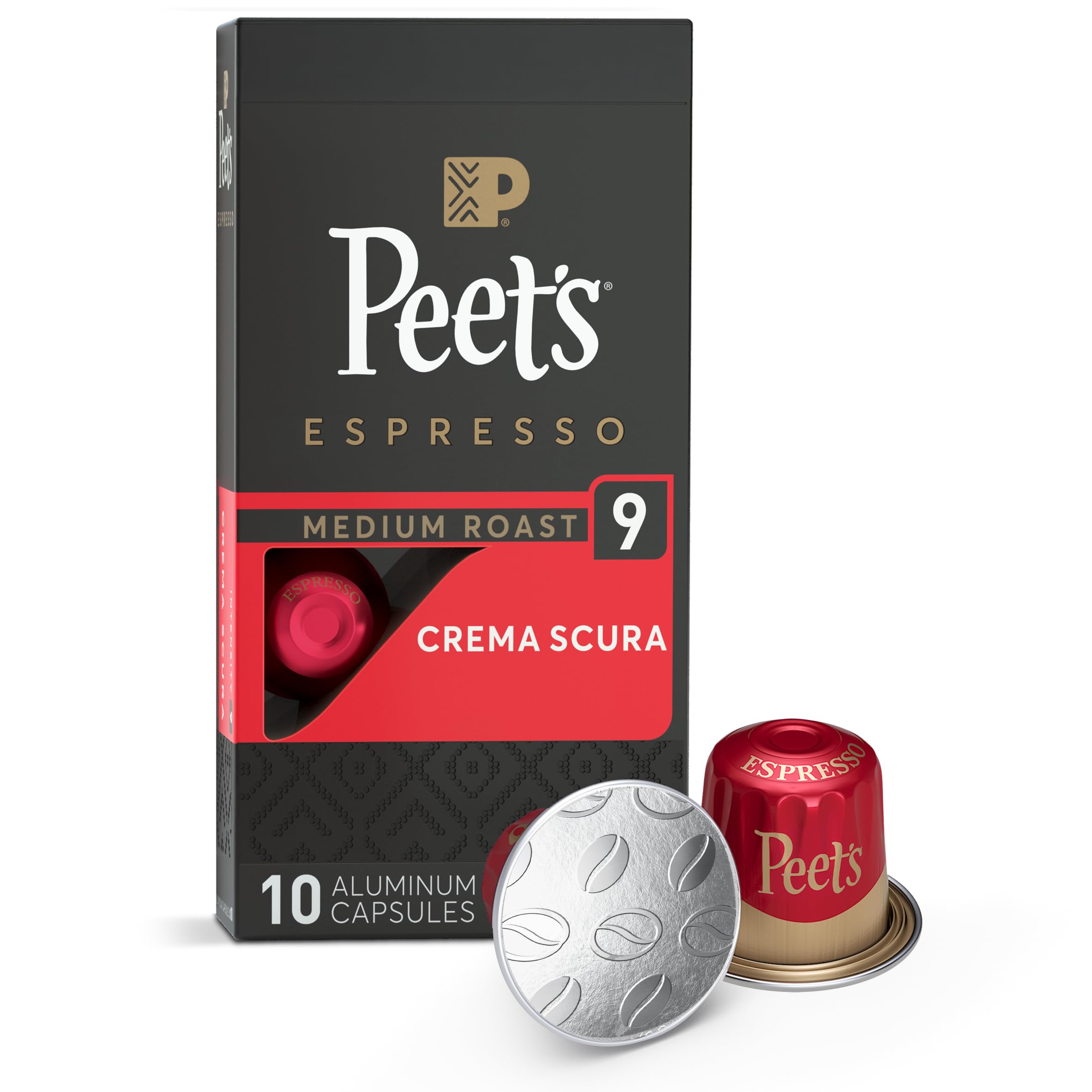 Peet's Coffee Crema Scura box with 10 aluminum capsules for a quick espresso.