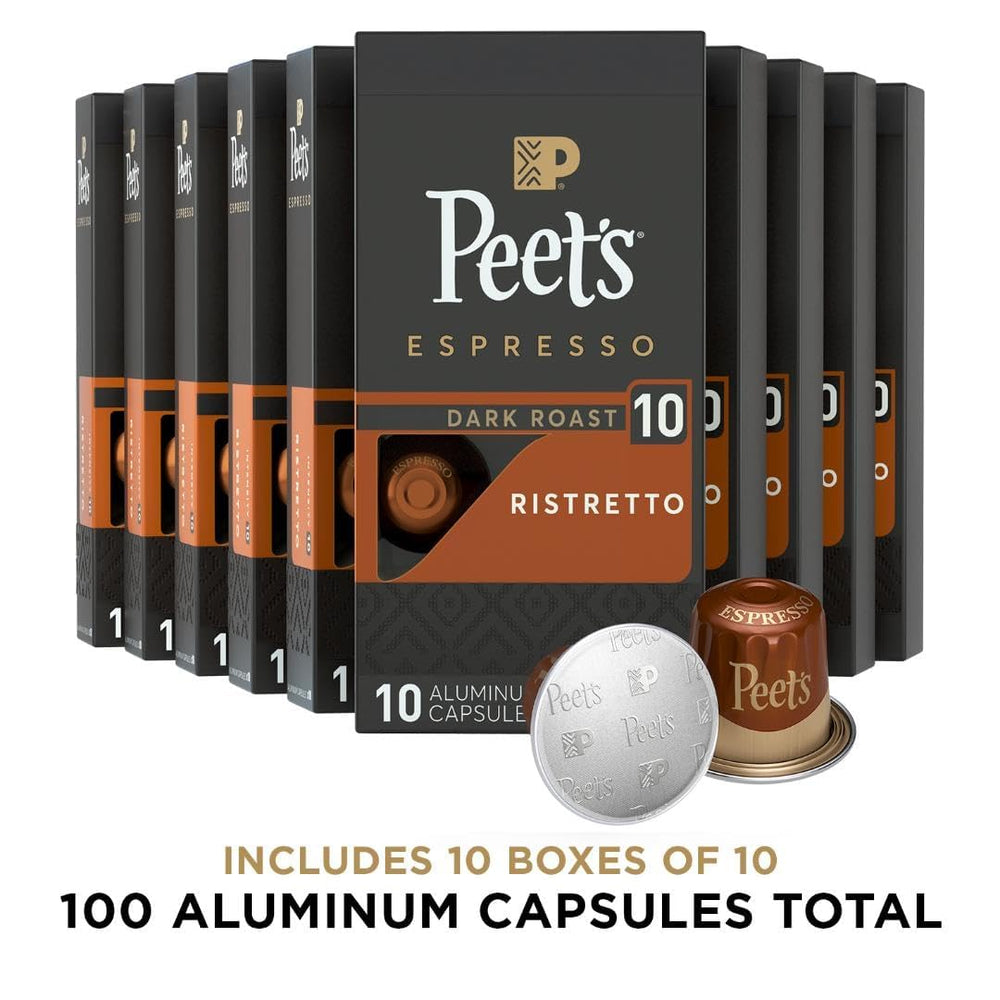 Peet's dark roast espresso capsules in box emphasizing flavor depth