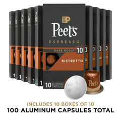 Peet's dark roast espresso capsules in box emphasizing flavor depth