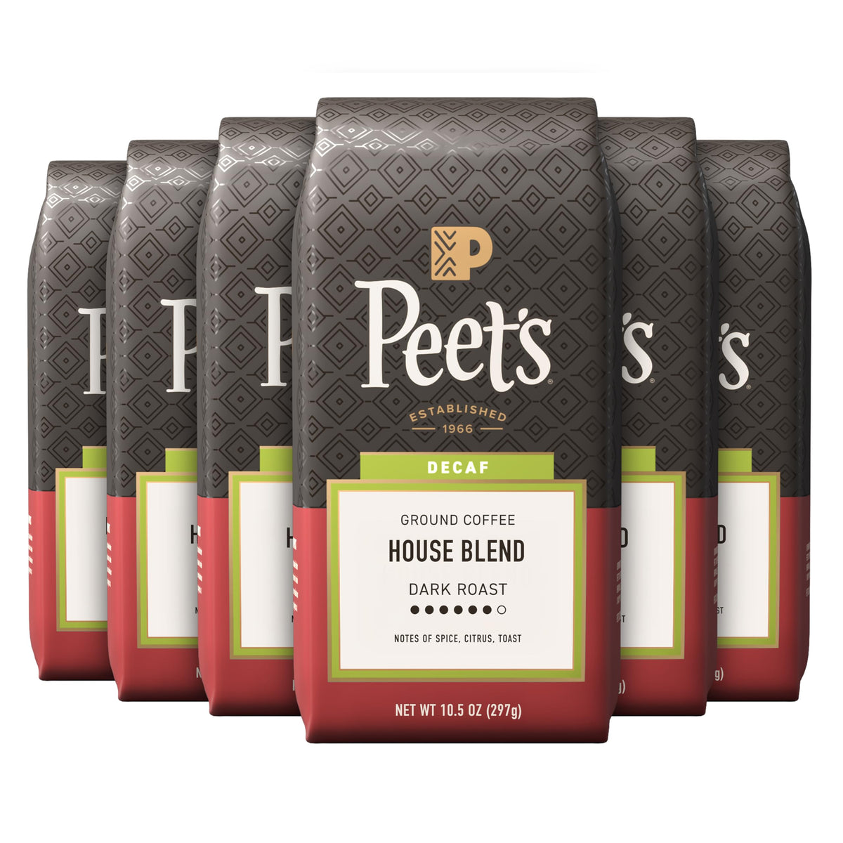 Peet's Coffee Decaf House Blend bag front showing branding and inviting aroma