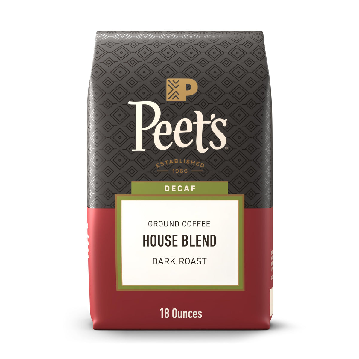 Peet's Coffee Decaf House Blend bag with rich aroma and caffeine-free option.